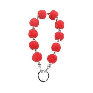 Elastic plush pompom and silver bead wristlet keychain charm with metal spring clasp