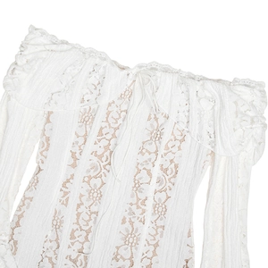 Close-up of white lace off-shoulder dress featuring bell sleeves and intricate patterns