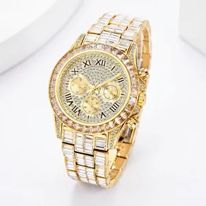 Luxury Men Quartz Watch Gold Plated Iced Out Full Rhinestone Three Eye Chronograph Waterproof Fashion Wristwatch