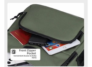 Detailed view of the front zipper pocket organizing travel essentials in a green backpack