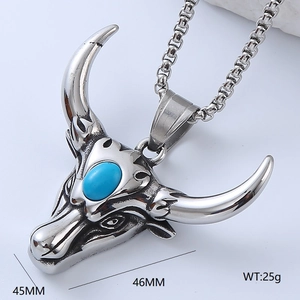 Close-up of a stainless steel bull head pendant with blue stone and dimensions marked