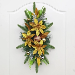 Christmas Swag Garland PVC Pine Needles With Gold Glitter Flowers And Balls Stair Door Wall Decor Nordic Style Ornament
