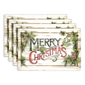 Set of four Merry Christmas place mats with wood grain pattern and pine needle design