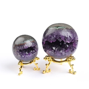 Natural Amethyst Geode Sphere Open Mouth Purple Crystal Cluster Healing Stone Ornament With Elegant Golden Metal Stand