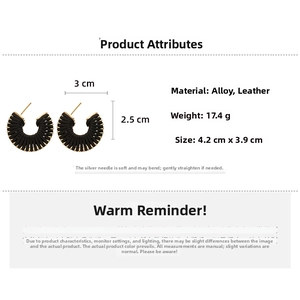 Detailed size specifications for vintage black faux leather braided C-shaped hoop earrings