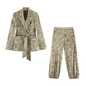 Women Velvet Blazer And Lantern Pants Chic Metallic Silver Floral Print Belted Waist Notch Lapel Evening Party Outfit