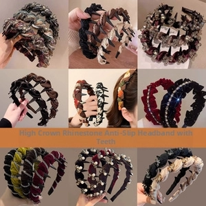 Detail view of non-slip velvet headbands with rhinestones in various colors