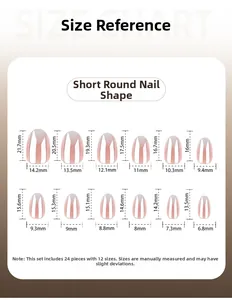 Detailed size chart for French white gradient short round press-on nails 24pcs set