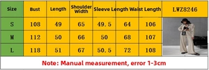 Detailed size chart for solid color long sleeve crop top and drawstring pants set