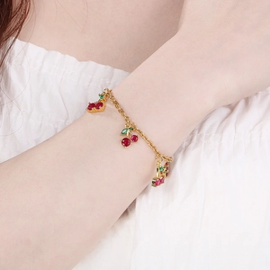 Elegant gold strawberry cherry charm bracelet for women beach summer holiday jewelry
