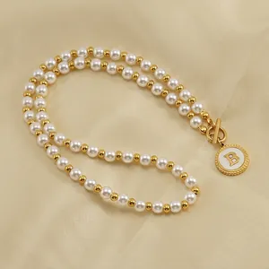 Letter Pendant Necklace With Faux Artificial Pearl And Stainless Steel Chain 18K Gold Plated OT Buckle Initial Clavicle For Women