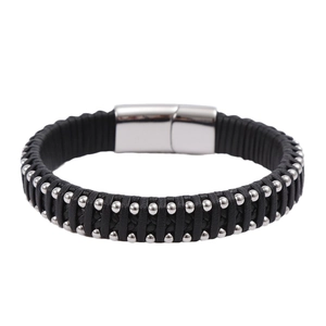 Handwoven black microfiber leather bracelet with silver stainless steel beads and magnetic clasp