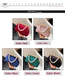 Detail of velvet shell evening bags with pearl handles and metal chains in five colors