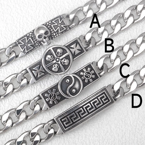 Detailed comparison of four retro Gothic skull and geometric pattern Cuban link bracelets