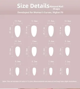 Size chart for almond-shaped press-on nails showing 12 different sizes and dimensions