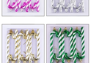 Detail of 12cm candy cane Christmas ornaments in pink, silver, gold and green metallic finish