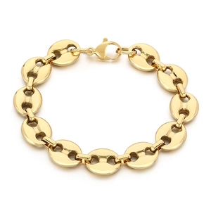 Polished gold stainless steel coffee bean pig nose link chain bracelet with lobster clasp