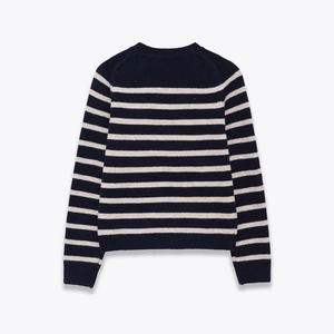Classic crew neck striped knit sweater in navy and beige with premium ribbed finishes