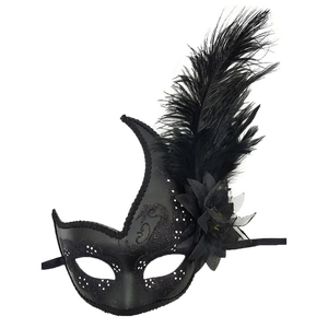 Maschera veneziana nera retrò con piume e decorazioni glitterate per feste e balli