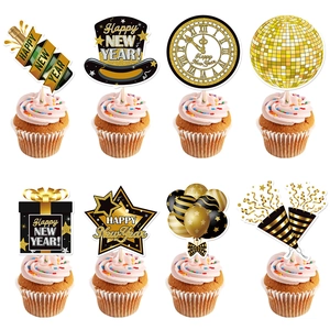 Happy New Year Cake Toppers Black Gold Glitter Cupcake Picks For 2027 Celebration Party Decoration Props Cake Decoration