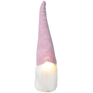 Pink Nordic Christmas gnome ornament with glowing warm LED nose and white long beard