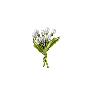 Detailed close-up of a green enamel leaf brooch with white pearls in a bouquet design