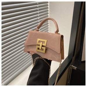 Close-up of pink crossbody bag with gold chain strap and square buckle detail