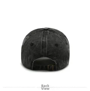 Detail view of washed black denim baseball cap back with adjustable metal buckle