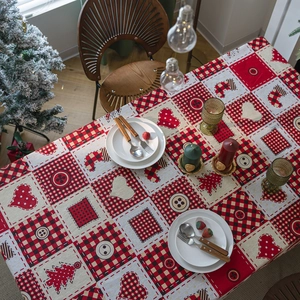 Festive red and white plaid Christmas tablecloth featuring heart and tree patterns