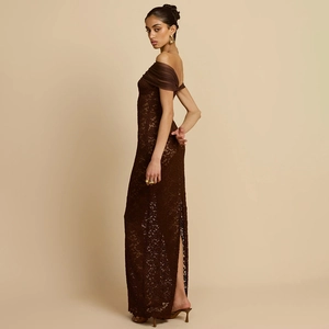 Elegant brown lace off-shoulder evening dress with high side slit for formal parties