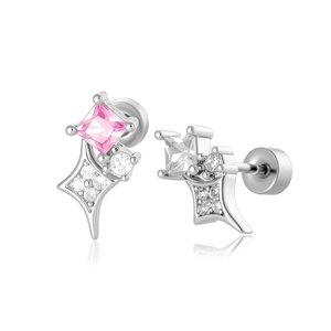 Sparkling square zircon star earrings with pink gems and silver screw backs