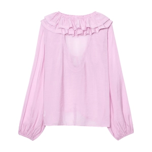 Pink layered V-neck ruffle blouse with long sleeves and light fabric texture