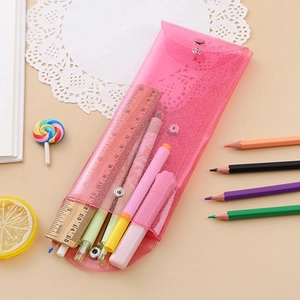 Pink translucent laser PVC pencil case with glitter finish and snap button closure