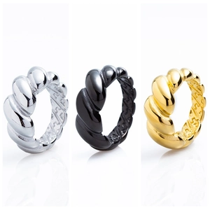 Polished titanium steel croissant rings in silver, black, and gold finishes with mirror surface