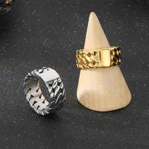 Men 316L Stainless Steel Ring Cuban Link Chain Texture Rectangular Flat Signet Band Hip Hop Punk Style Jewelry