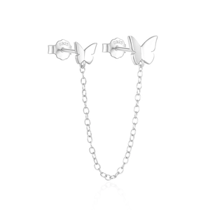Detail shot of S925 sterling silver butterfly stud earrings with connector chain links