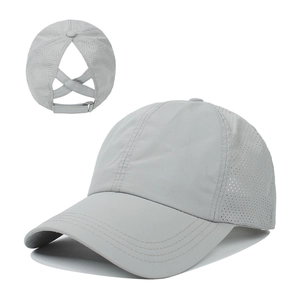 Light grey ponytail baseball cap with breathable mesh and elastic criss-cross back design