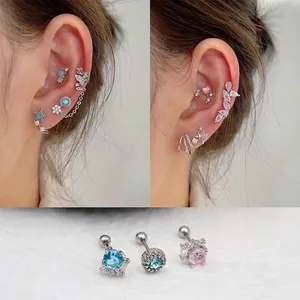 Stainless Steel Zircon Cartilage Stud Earrings Butterfly Heart Star Moon Flower Cross Piercing Jewelry Screw Ball Back