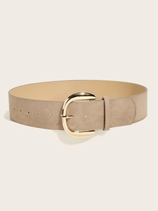 Detail of khaki suede wide belt showing premium texture and golden horseshoe buckle