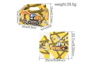 Construction excavator party favor box showing assembled view and flat dimensions