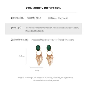 Detailed size chart for vintage green oval tassel earrings with 7.2cm length and silver pins