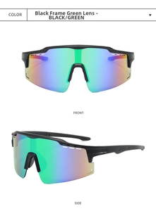 Detail view of black sports cycling sunglasses with green multi-color gradient lenses
