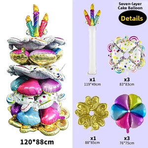 Detailed components of rainbow tiered cake foil balloon set for birthday party decorations