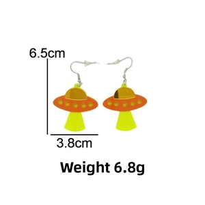 Detail view of orange acrylic UFO earrings with gold mirror inlay and size markings
