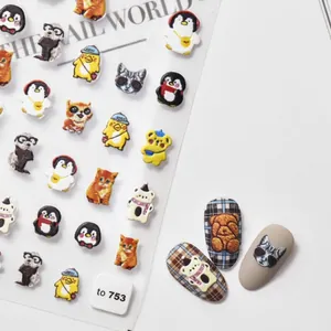 3D embossed nail art stickers featuring cute cartoon animal embroidery designs for manicure