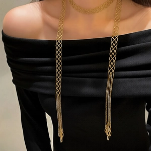 Women Long Lariat Necklace Mesh Woven Artificial Crystal Alloy Fringe Tassel Elegant Y Shaped Sweater Chain Choker