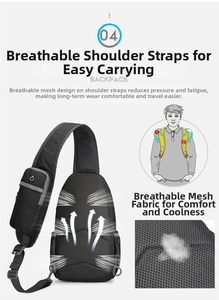 Detail of breathable honeycomb mesh back panel and padded phone pocket on chest bag