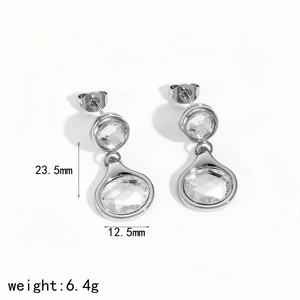 Detail view of silver drop earrings with crystal zircons, showing 23.5mm height dimension
