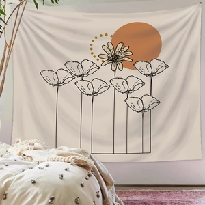Tapisserie bohème minimaliste avec motifs géométriques orange et lignes florales noires