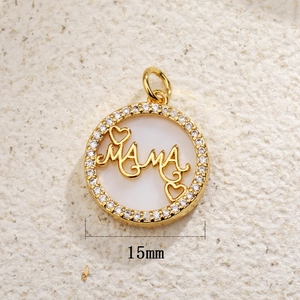 Detail view of 15mm gold-plated MAMA heart pendant with zircons and mother of pearl